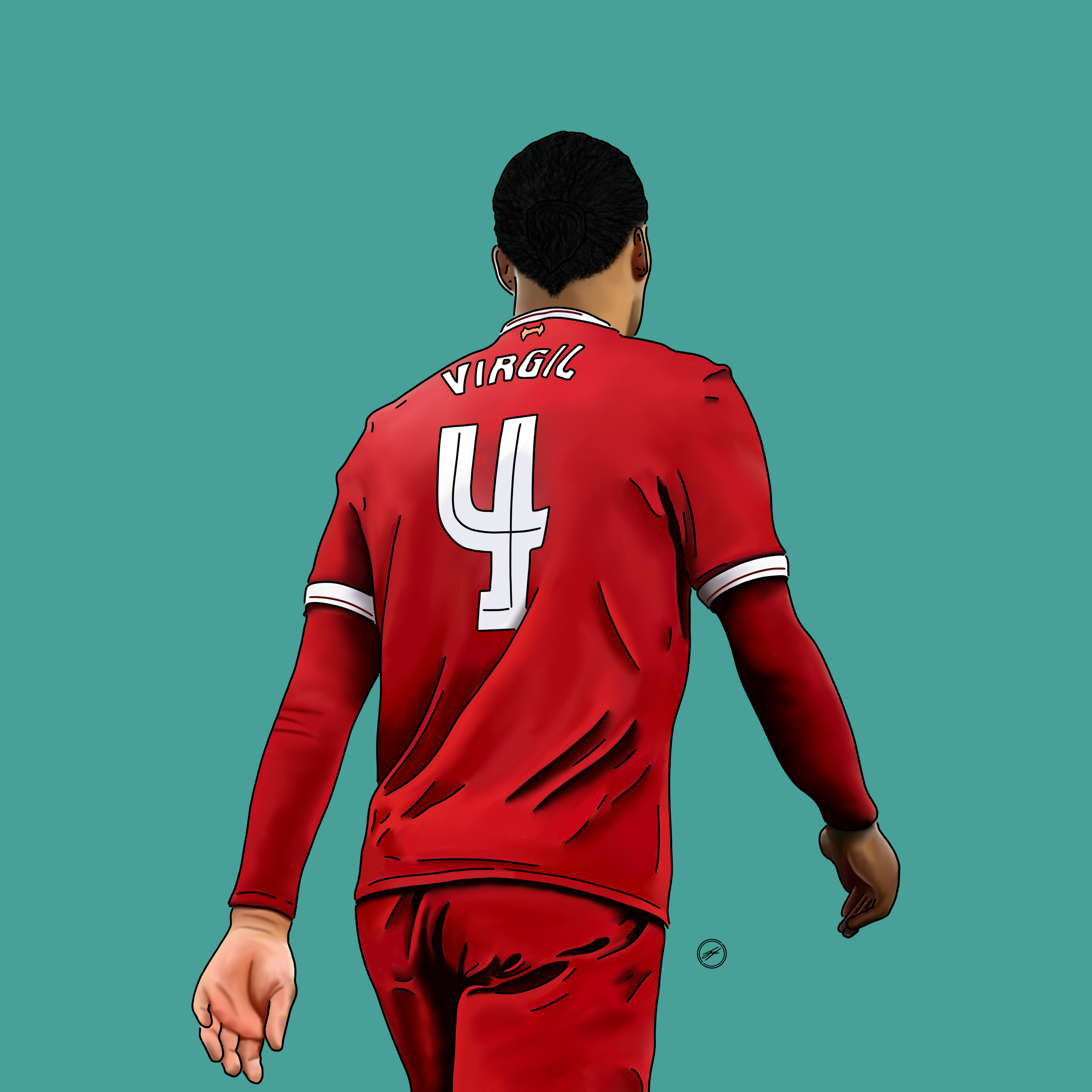 Digital illustration of a soccer player from behind, wearing a red jersey with the name Virgil and the number 4. The player has short, curly black hair and is walking away from the viewer against a teal background.