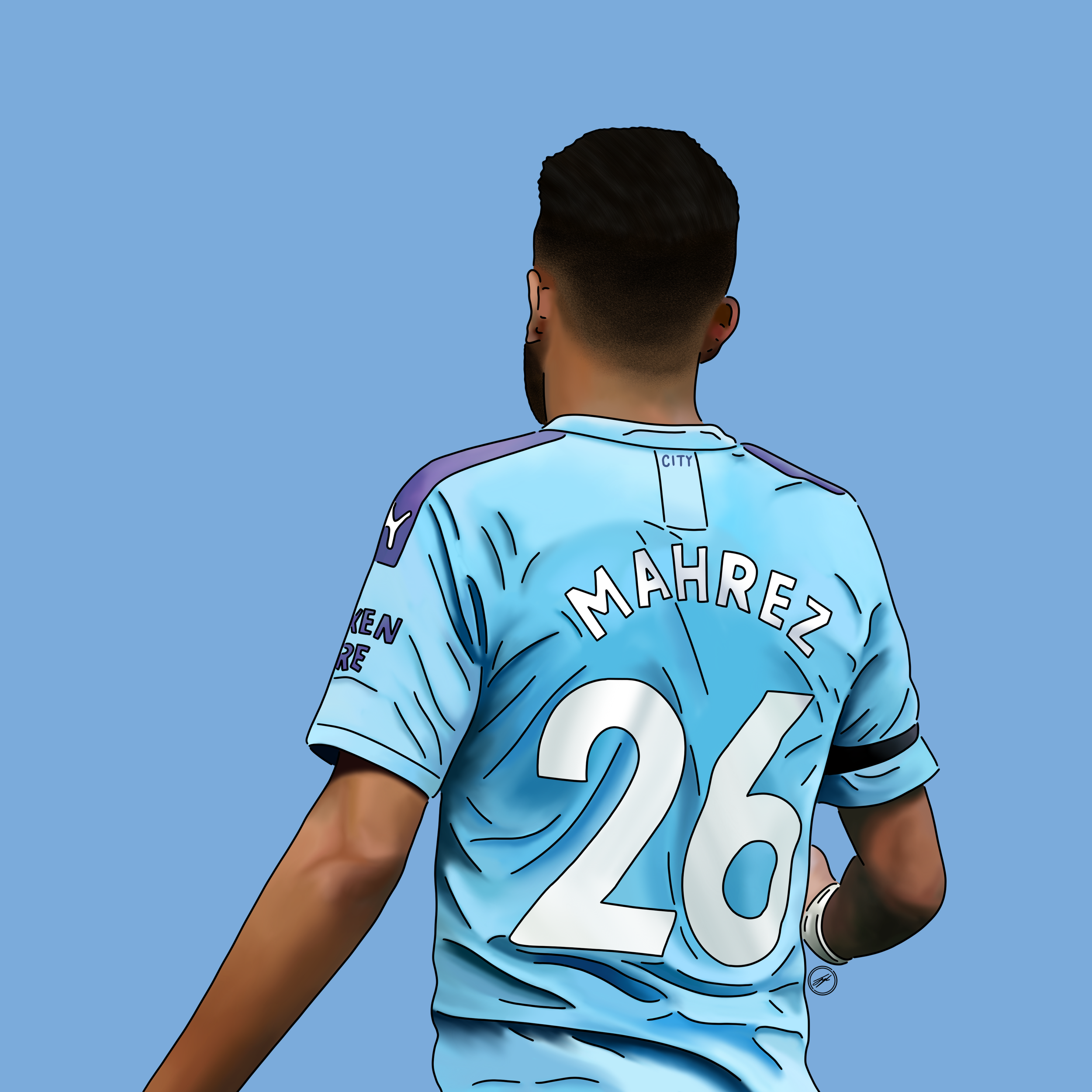 Illustration of a soccer player with dark hair and a beard, seen from the back, wearing a light blue Manchester City jersey with the name 'Mahrez' and the number 26.