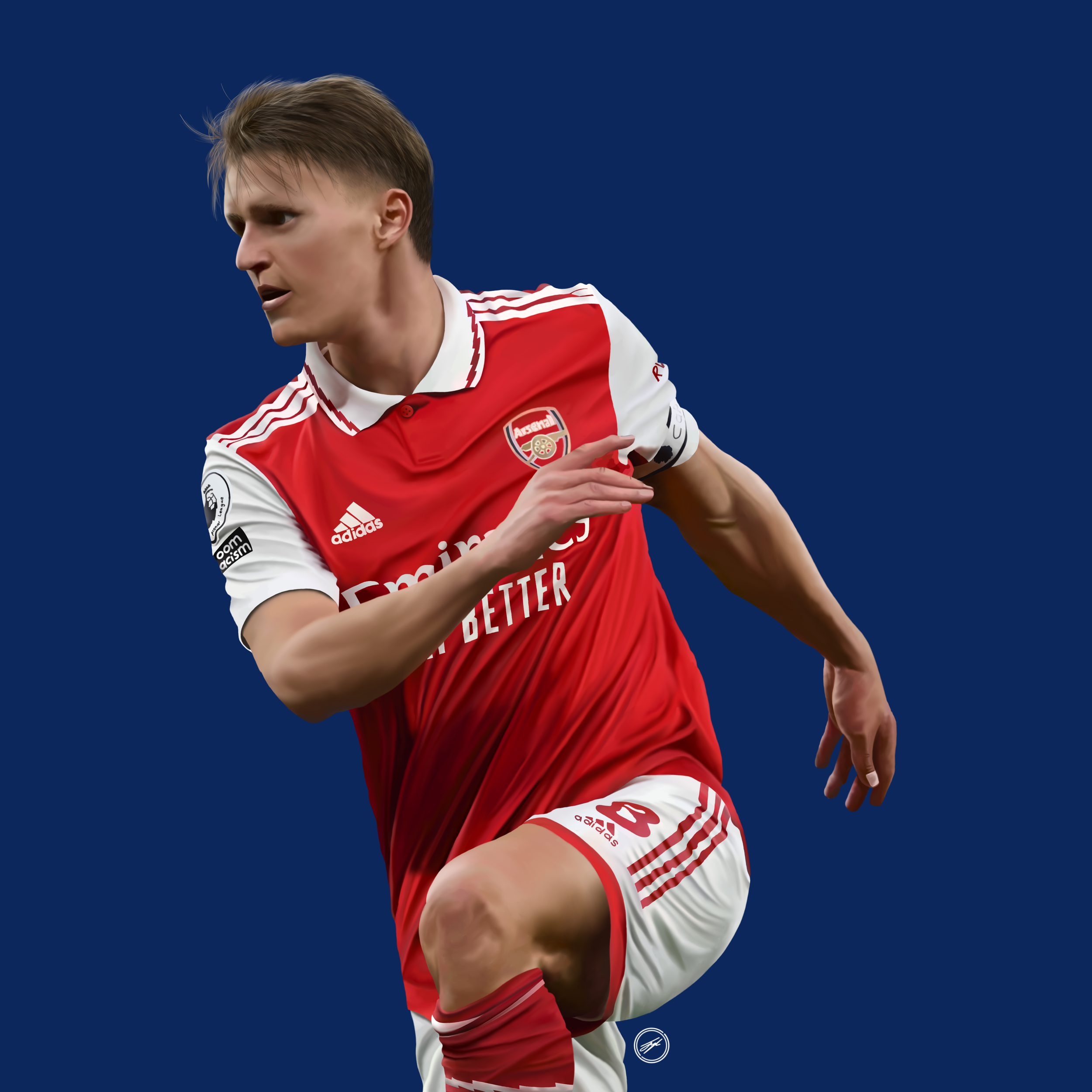 Soccer player in red and white uniform playing on a dark blue background.