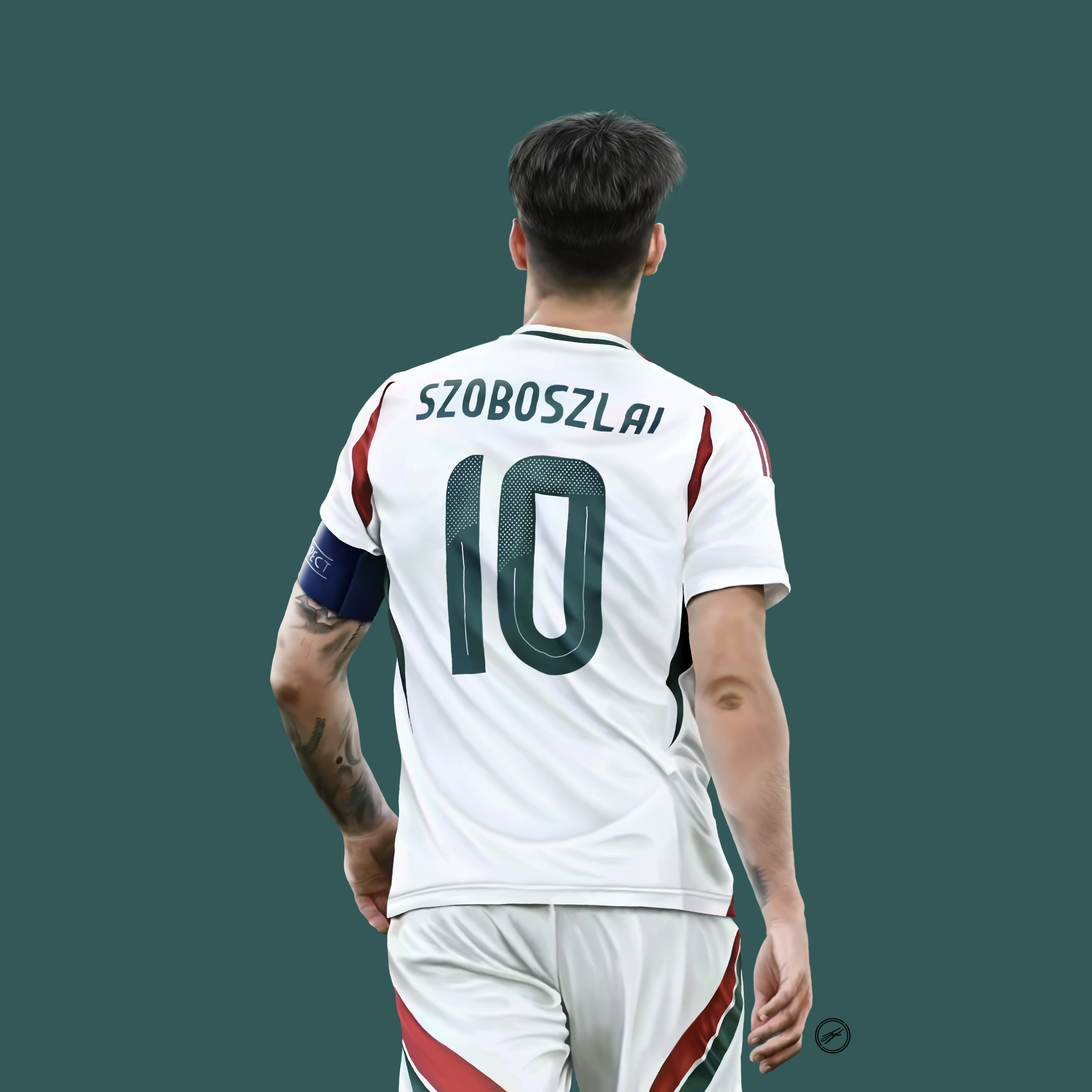 Back view of a soccer player wearing a white jersey with red and black accents, the name 'SZOBOSZLAI' and the number 10 on the back, standing against a solid teal background.