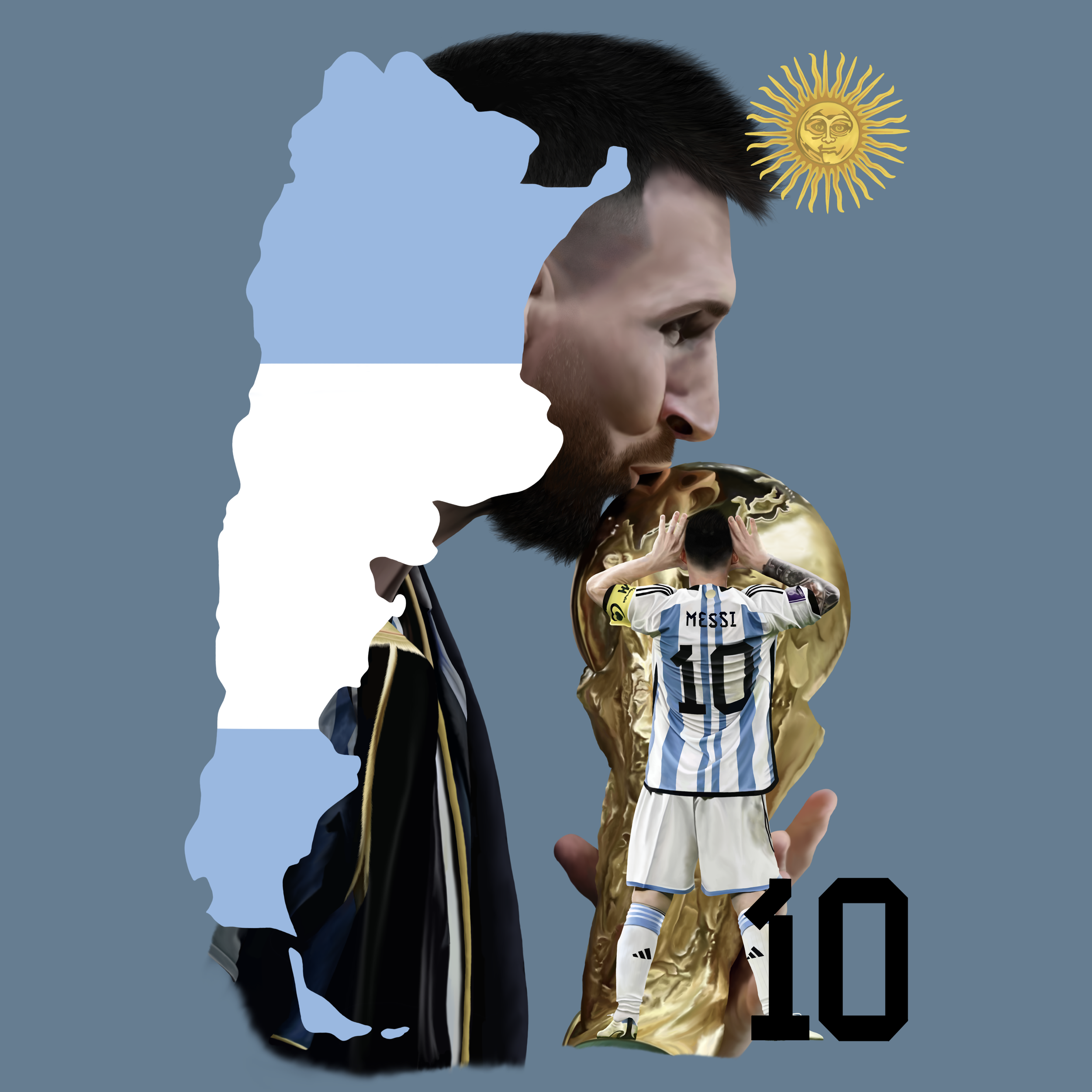 Creative artwork of a man with the Argentine flag on his face, holding the FIFA World Cup trophy, with a small image of Lionel Messi in Argentina jersey number 10 and a golden sun symbol in the top right corner.