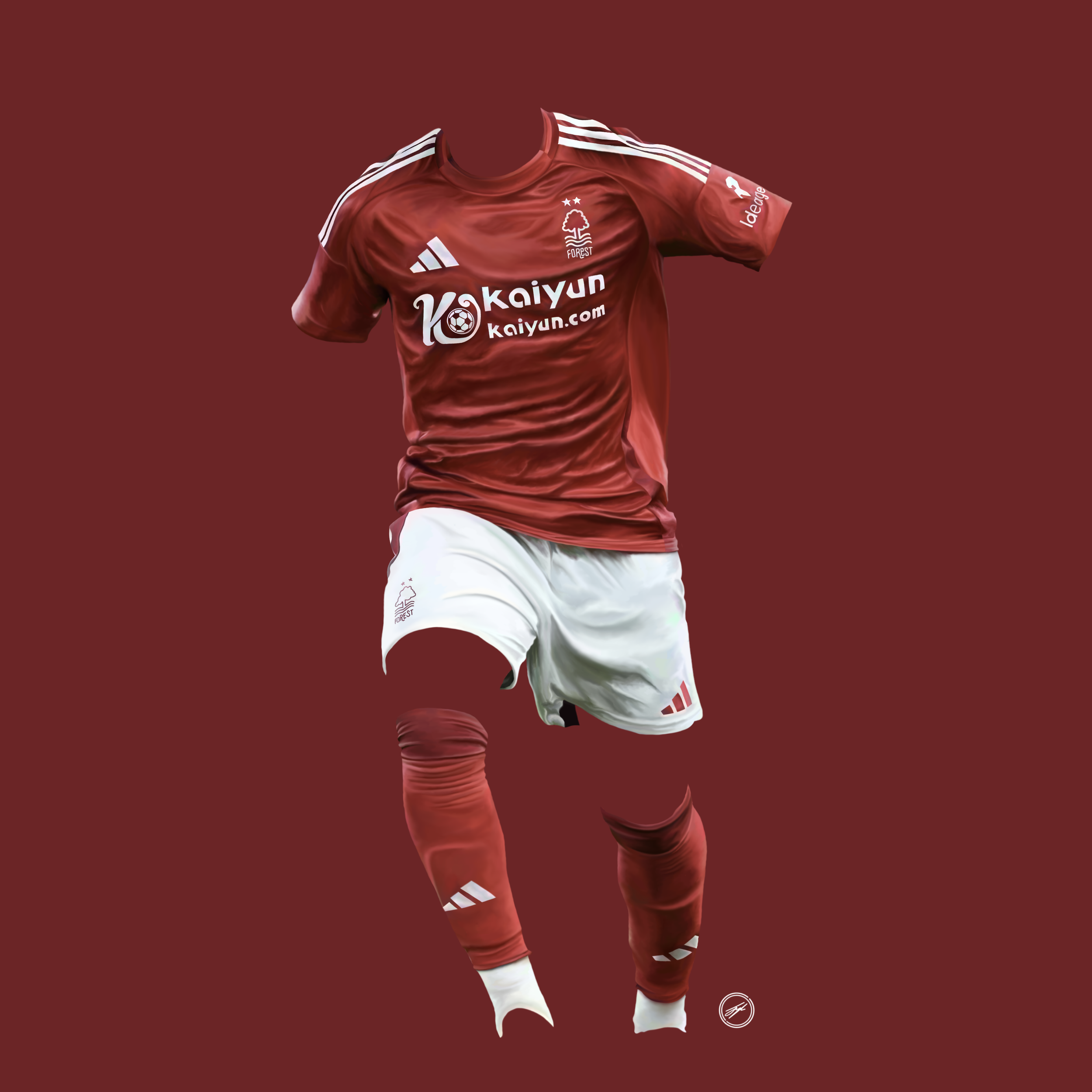 Digital artwork of a soccer uniform, including a red jersey with white accents, white shorts, and red socks, against a matching red background.