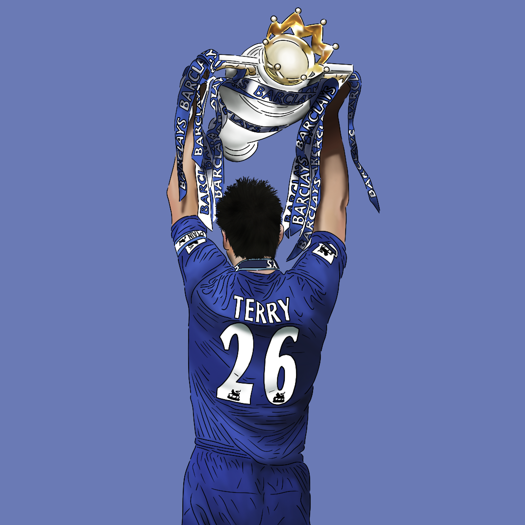 Back view of a soccer player in a blue jersey with the name 'Terry' and number 26, holding up a trophy with a golden crown on top and blue ribbons with 'Barclays' printed on them.