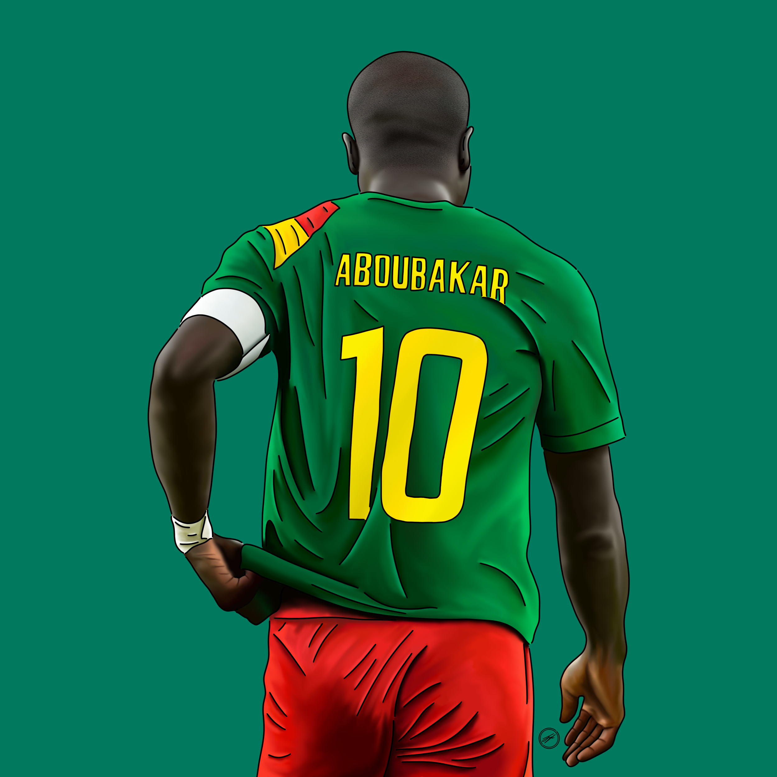 Illustration of a male soccer player wearing a green jersey with the name 'Aboubakar' and the number 10 on the back, red shorts, and a white wristband, standing with his back facing the viewer against a green background.
