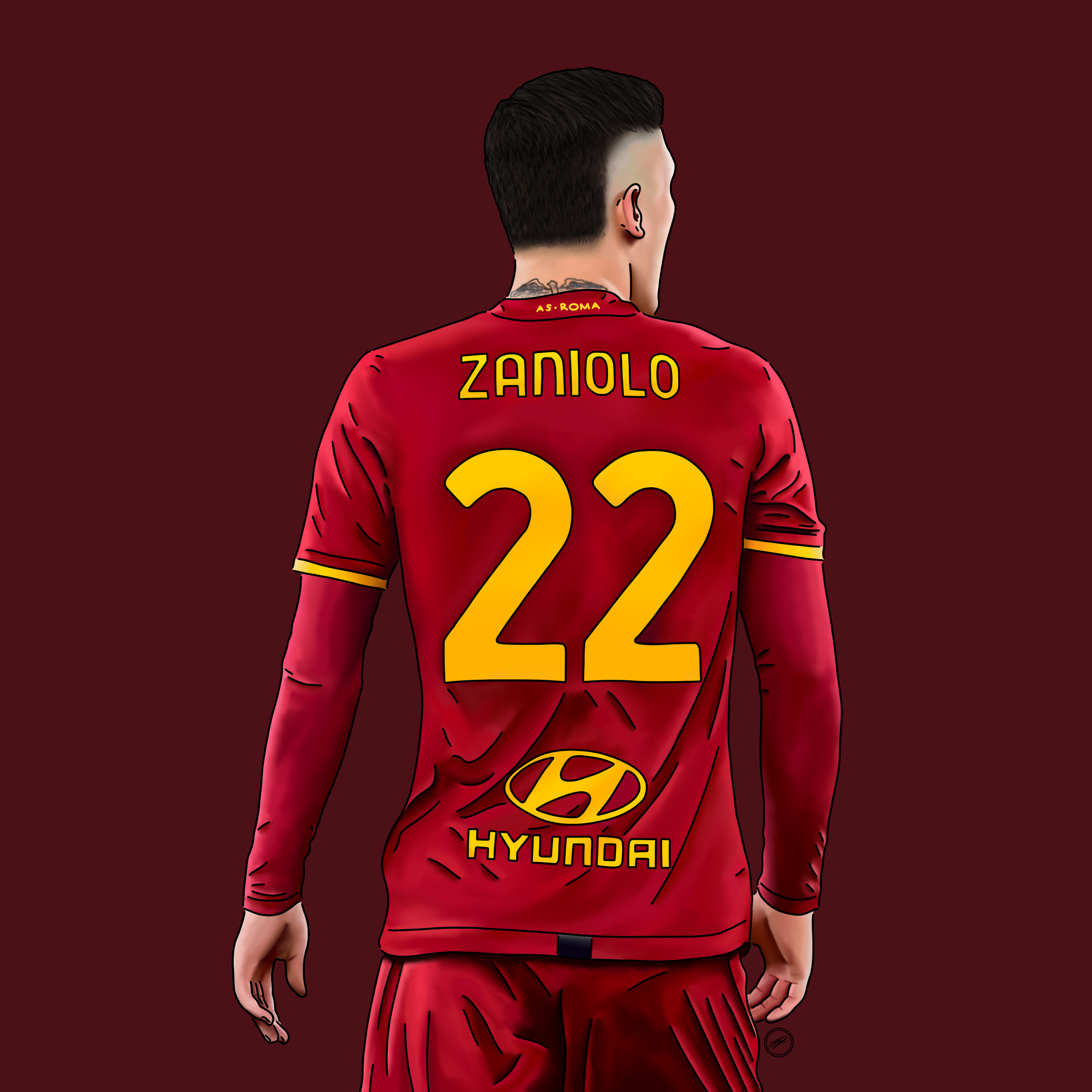 Digital illustration of a football player wearing a red jersey with the name 'Zaniolo' and the number '22' on the back, viewed from behind, with a dark red background.