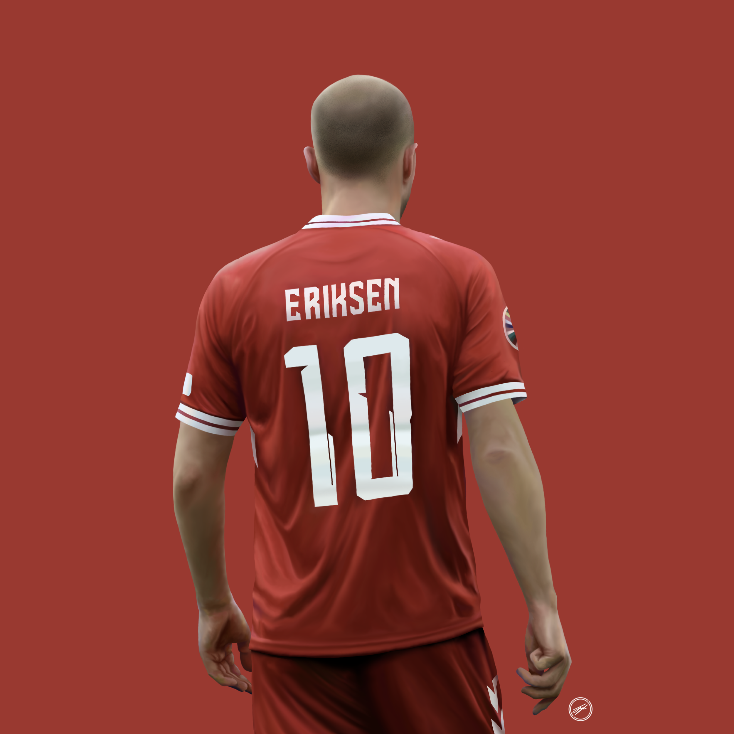 A soccer player wearing a red jersey with the number 10 and the name ERIKSEN on the back, standing against a red background.