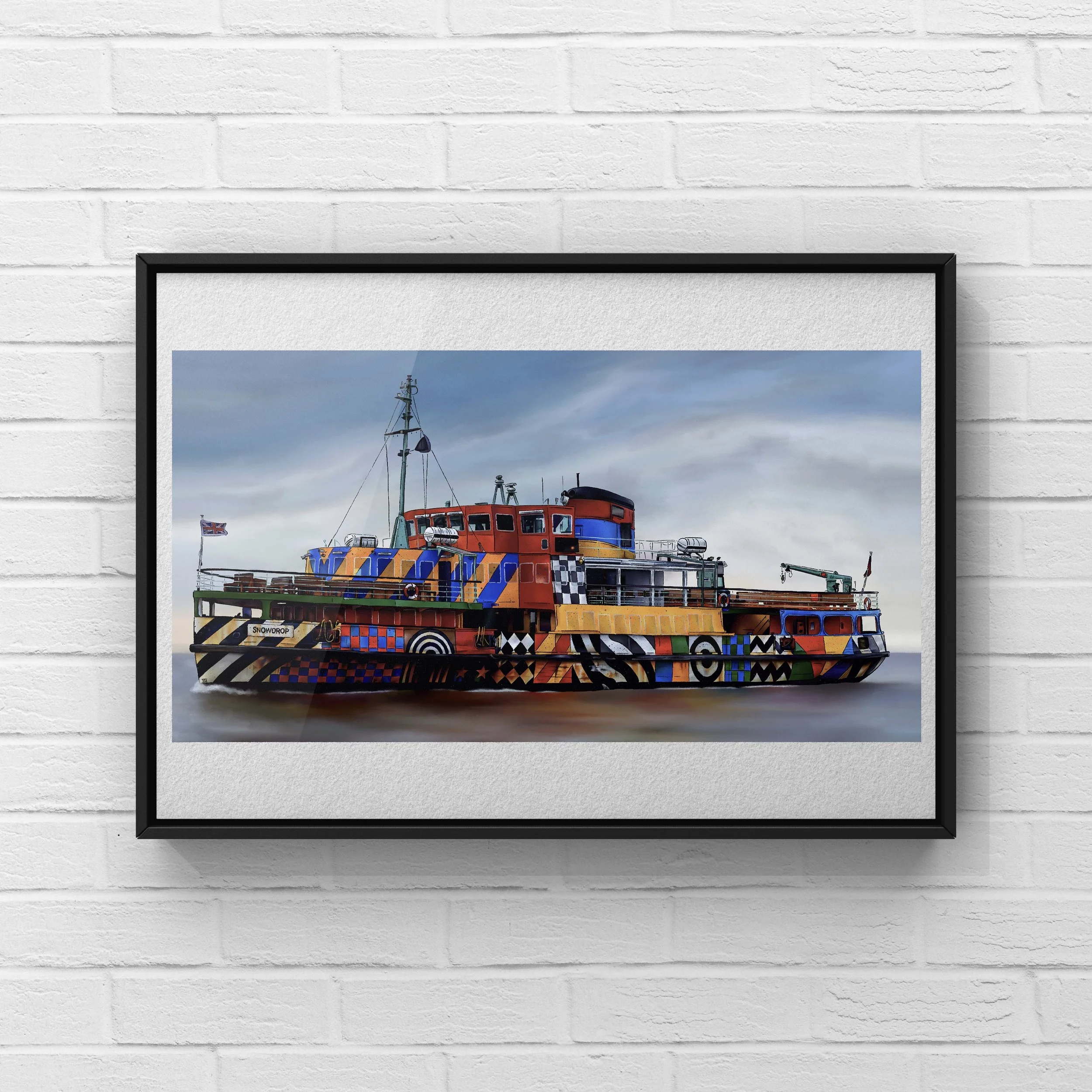 Colorful, abstract painting of a boat against a cloudy sky.
