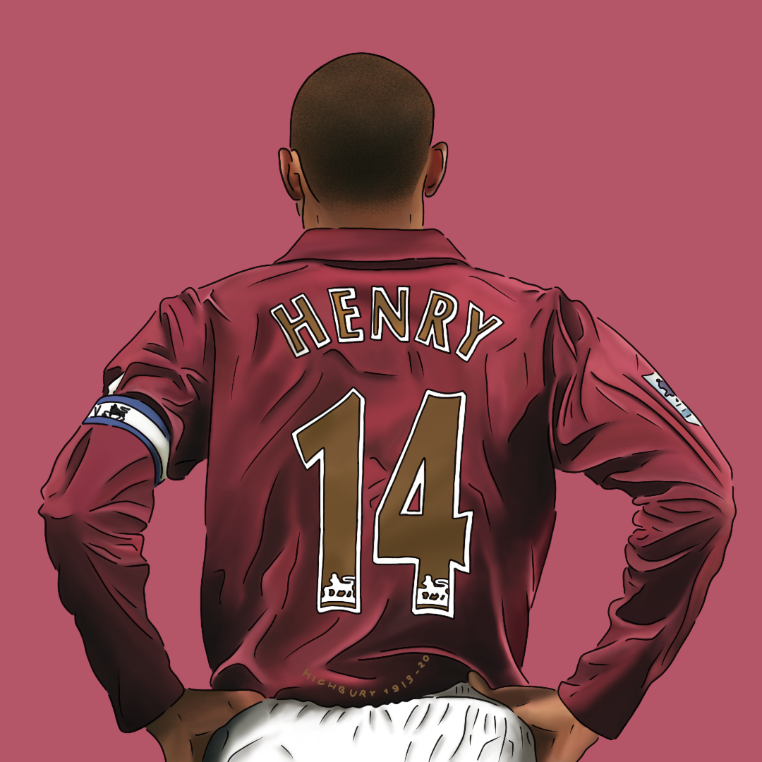 Illustration of a football player seen from behind wearing a maroon jersey with the name Henry and the number 14 on it, standing against a pink background.