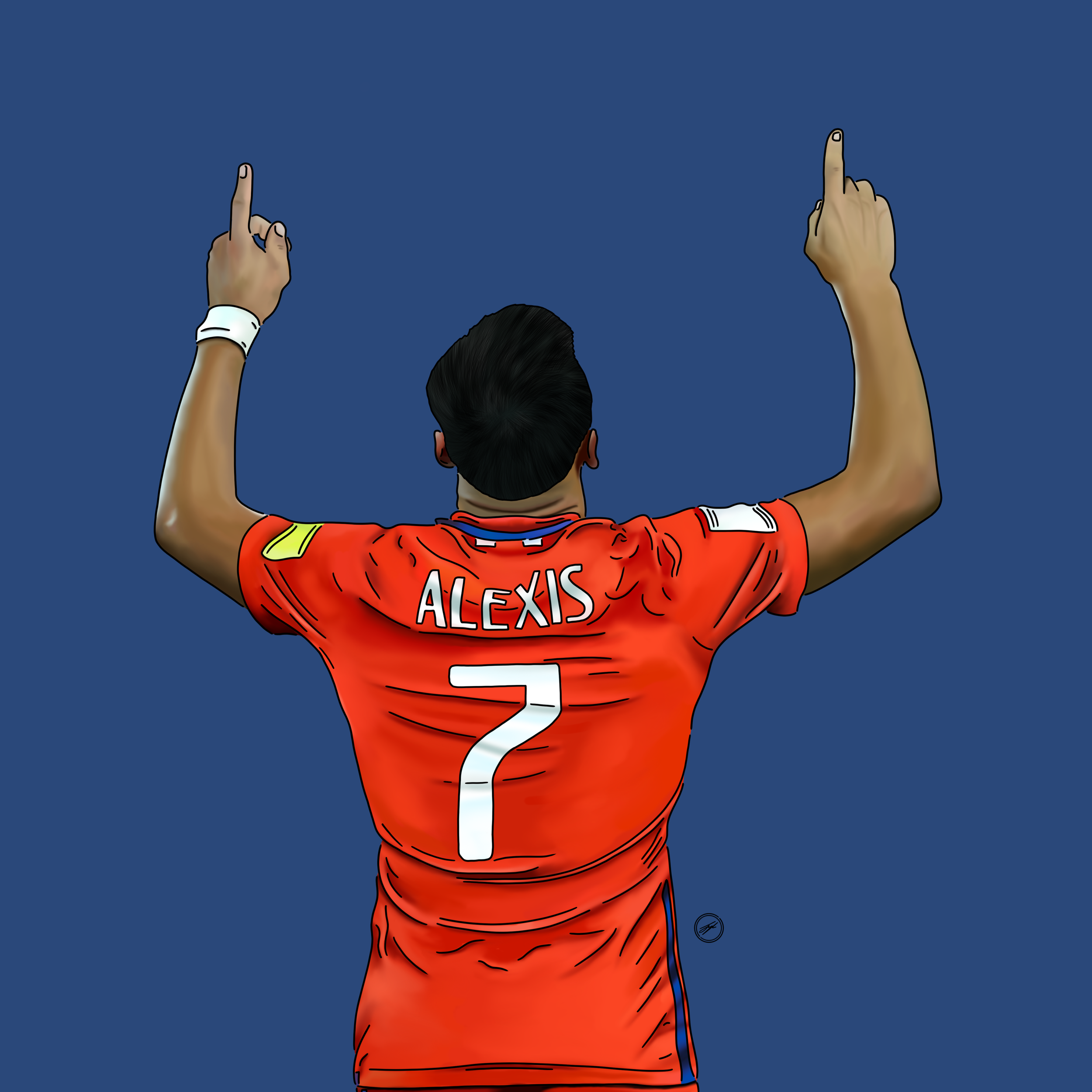 Digital illustration of a soccer player from behind, wearing a red jersey with the name 'ALEXIS' and number 7, raising both arms with index fingers pointing upward against a blue background.