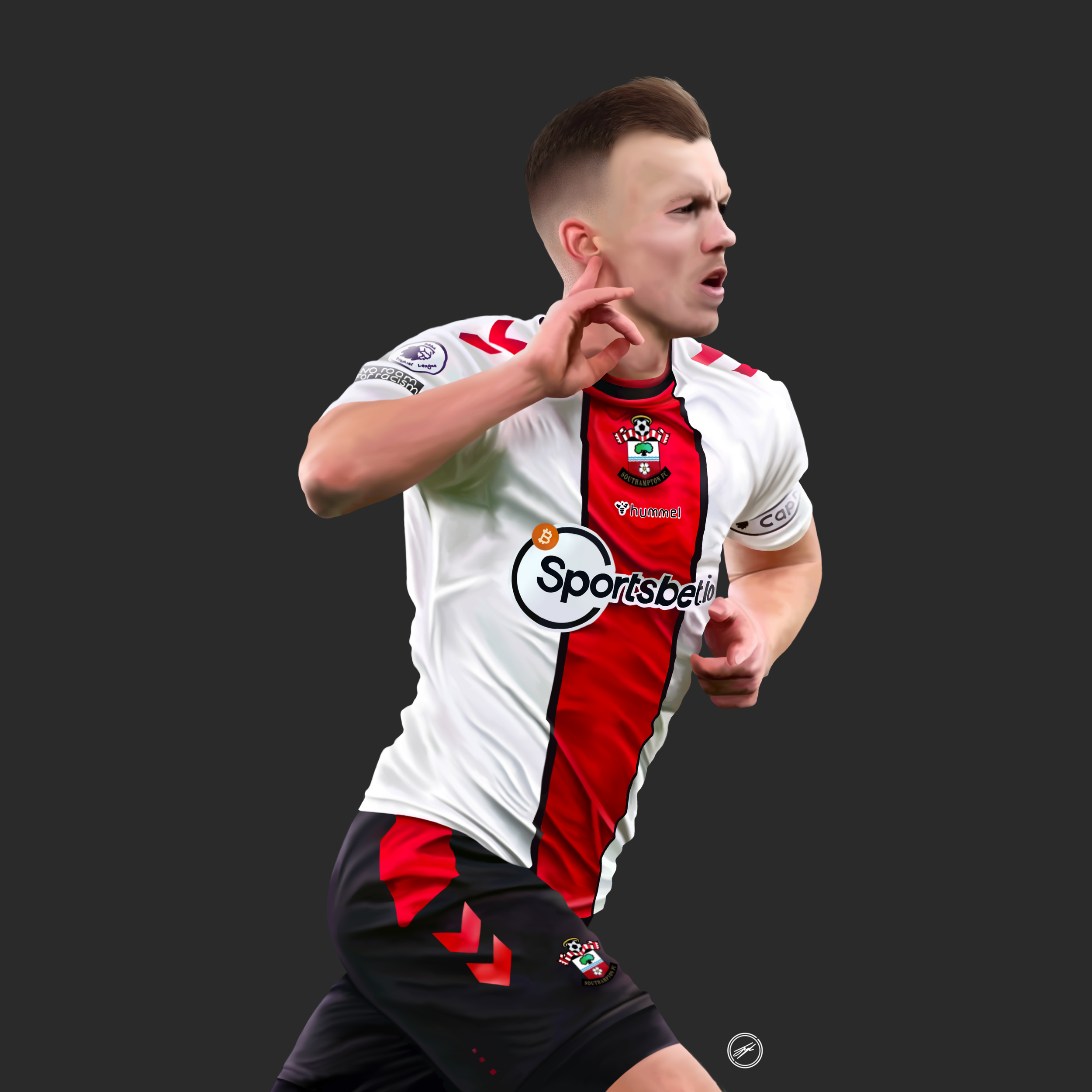 A soccer player wearing a white and red Southampton football club uniform with sponsor logos, celebrating with hand near ear on a dark background.