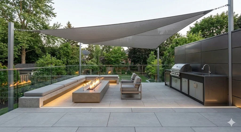 Modern outdoor patio with a built-in fire feature, seating, and an outdoor kitchen, shaded by a large fabric sail, surrounded by greenery and trees.