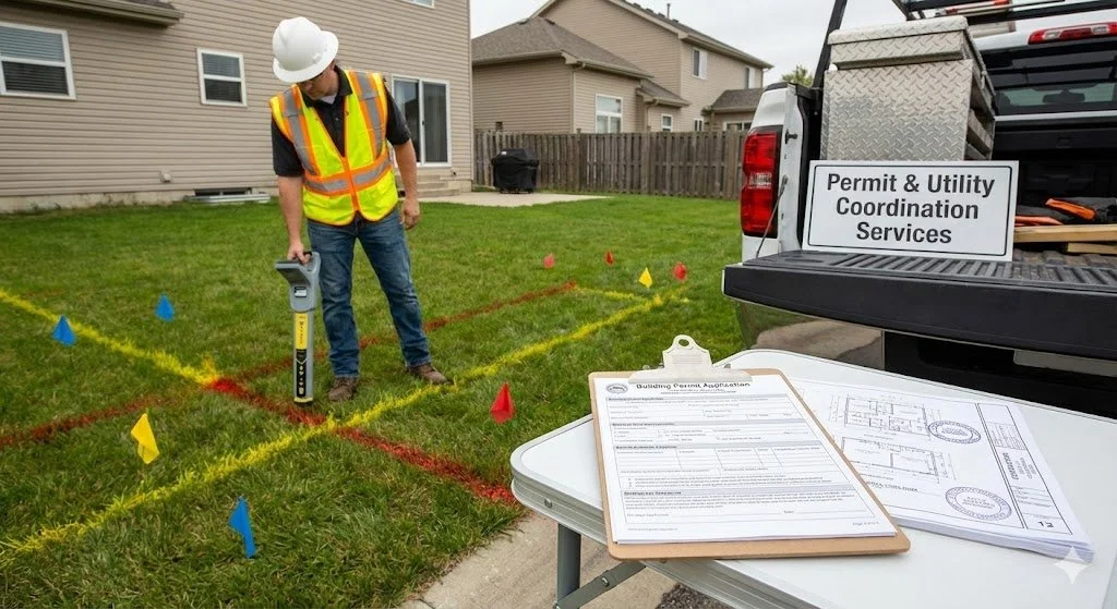 A worker wearing a white hard hat and a yellow safety vest inspects a grassy yard with a handheld device, surrounded by color-coded markings. A pickup truck with a sign reading 'Permit & Utility Coordination Services' and a clipboard with documents are nearby.