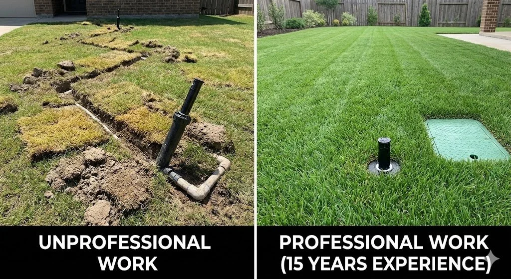Comparison of two lawns: the left shows unprofessional landscaping with unevenly dug holes and exposed pipes; the right shows a well-maintained lawn with neatly installed pipes and a smooth, healthy grass surface.