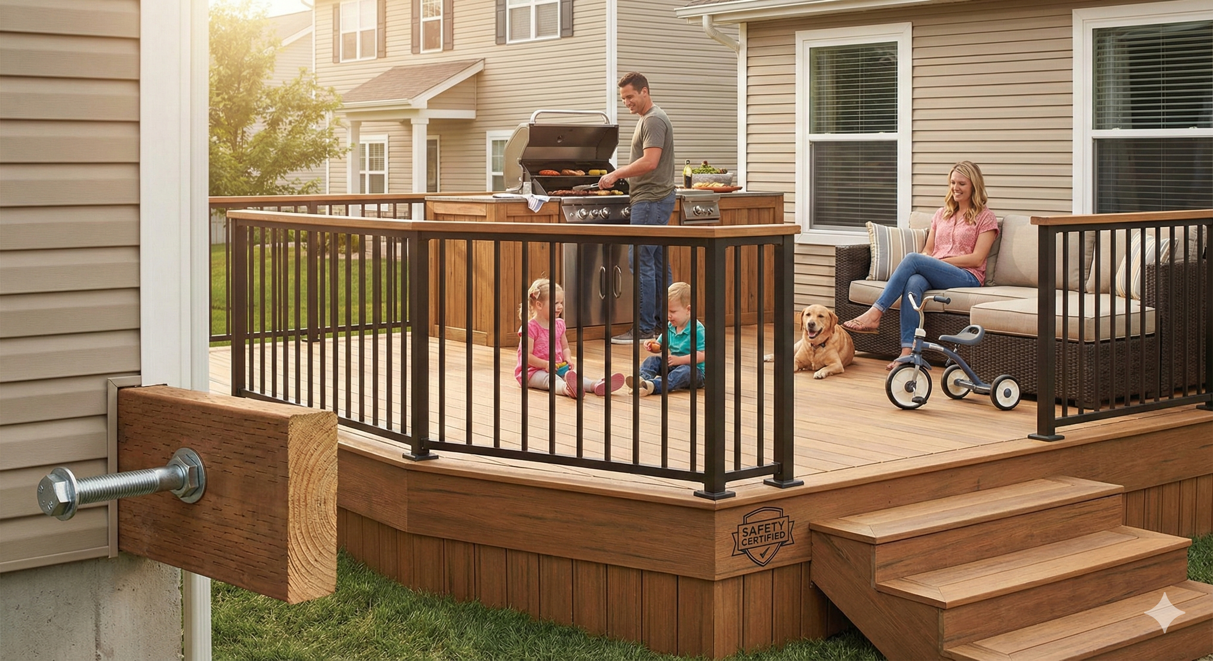 Family enjoying outdoor barbecue on wooden deck with children, woman, and dog, shaded by house walls.