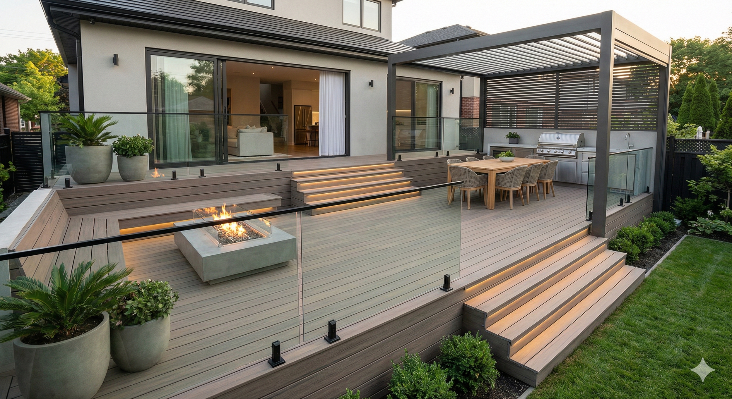 Modern backyard deck with built-in fire feature, outdoor dining area, BBQ grill, and glass railing, attached to a residential house with large sliding glass doors, surrounded by greenery.