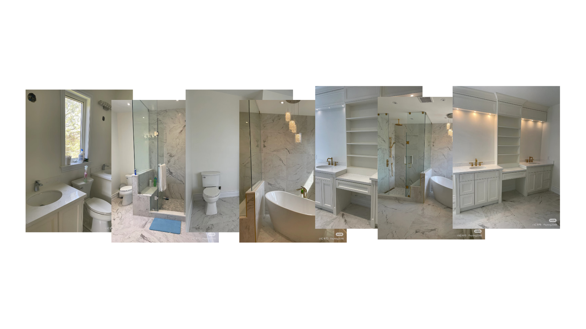 Sequence of images showing a renovated bathroom with white cabinets, marble countertops, glass shower, bathtub, and gold fixtures.