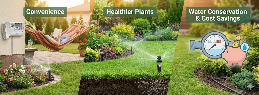 A split-image showing three outdoor scenes with text overlays. The first scene features a person relaxing in a hammock on a patio next to a utility box, with flowers and a small table nearby, emphasizing convenience. The second scene displays a well-maintained garden with lush, healthy plants and a sprinkler watering the soil, highlighting healthier plants. The third scene shows a landscape with a garden, with an overlay of a water meter and a piggy bank, symbolizing water conservation and cost savings.