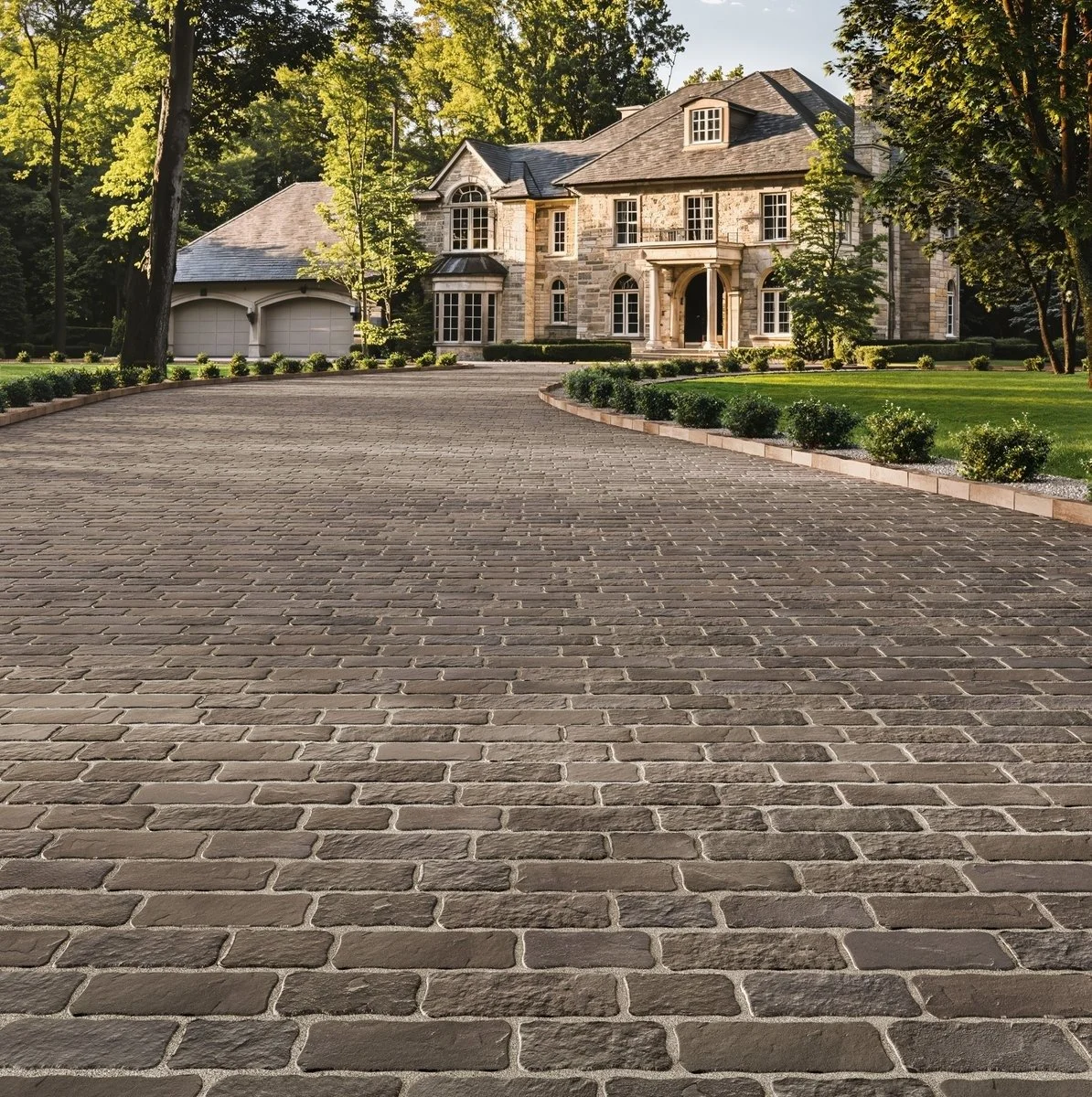 A large, elegant stone house with a brick driveway leading to the front entrance, surrounded by green landscaping and tall trees.
