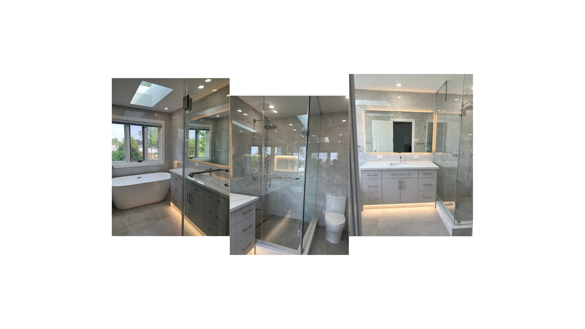 Modern bathroom with a bathtub, large windows, skylight, walk-in shower with glass enclosure, vanity with mirror, and neutral gray tile walls and floors.