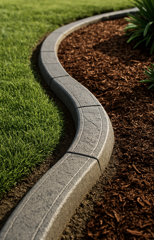 A curved concrete edging separating green grass from a flower bed with brown mulch.