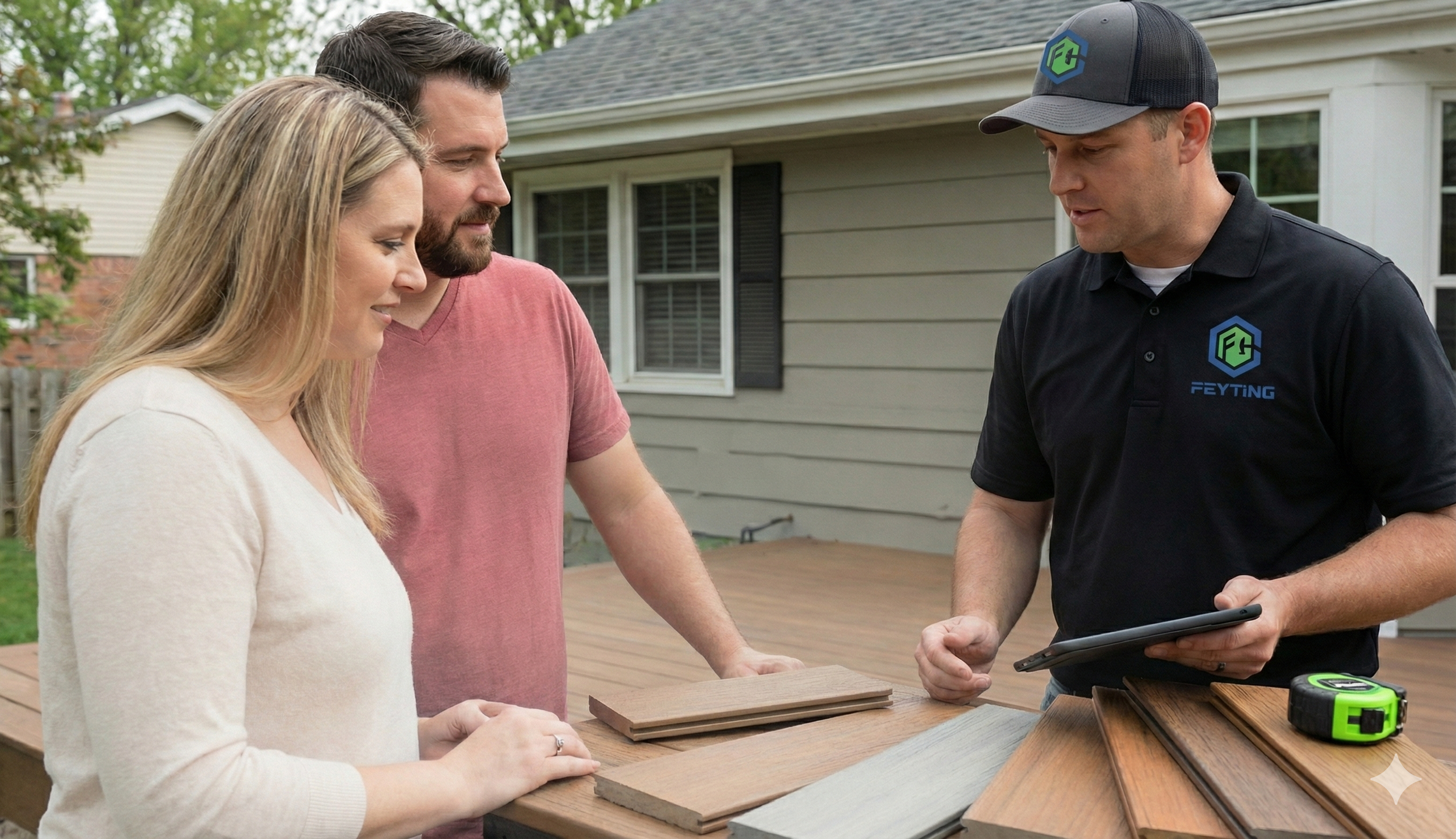 A couple consults with a home improvement professional outdoors, looking at samples of wood and flooring while the contractor holds a tablet. The scene takes place on a backyard deck with a house in the background.