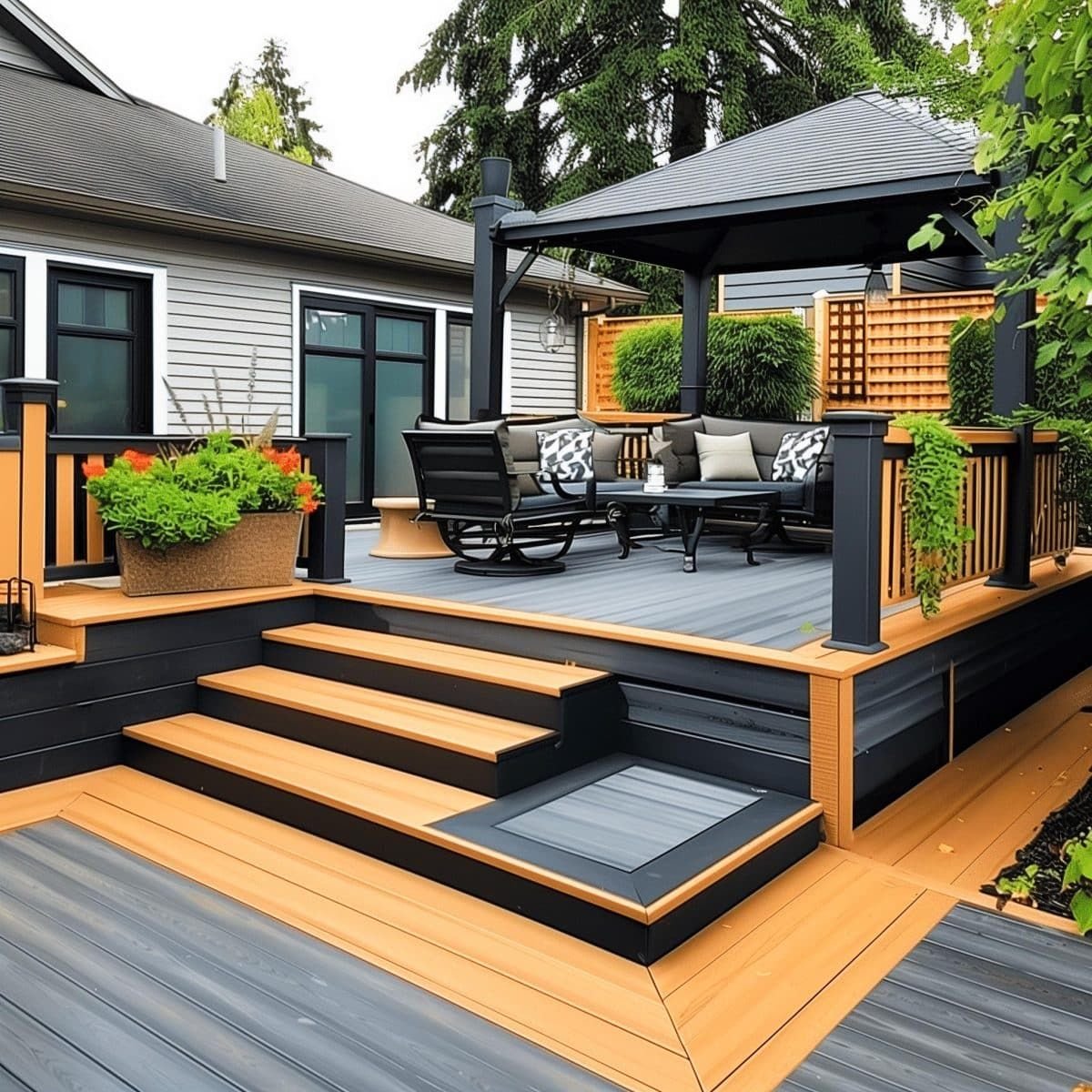 Outdoor wooden deck with seating area under a gazebo, surrounded by greenery and flower pots.