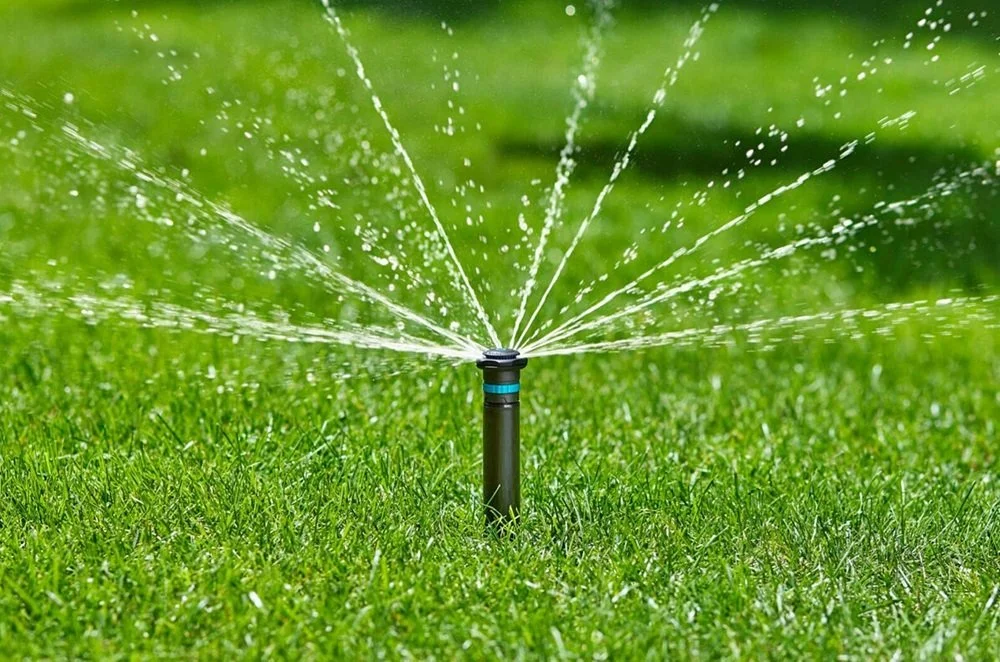 A garden sprinkler spraying water over green grass.