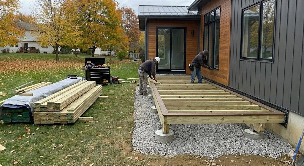 Two workers are building a wooden deck in the backyard of a house. There are stacks of lumber on the grass and tools nearby. The house has a modern design with large windows, and trees with autumn leaves are visible in the background.