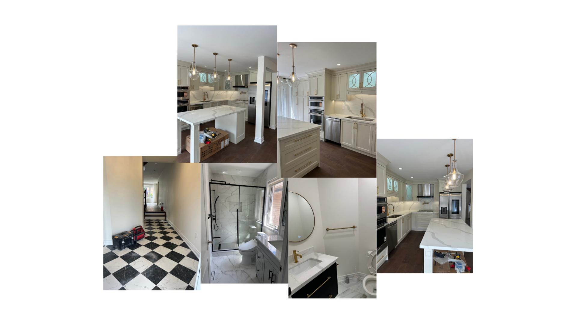 A collage of images featuring a modern kitchen with white cabinets, marble countertops, gold hardware, and pendant lighting. Also includes a hallway with black and white checkered tile flooring, a glass shower with marble walls, and a bathroom with a black vanity and gold fixtures.