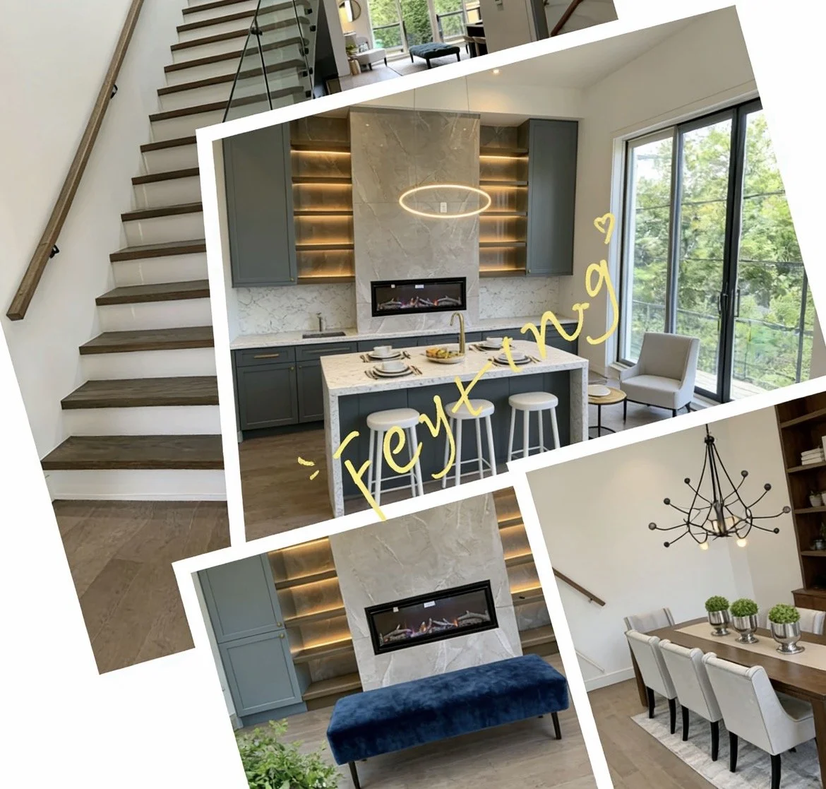 Collage of interior home spaces including a staircase, a modern kitchen with a fireplace, a blue velvet bench in front of a fireplace, and a dining room with chairs and a chandelier.