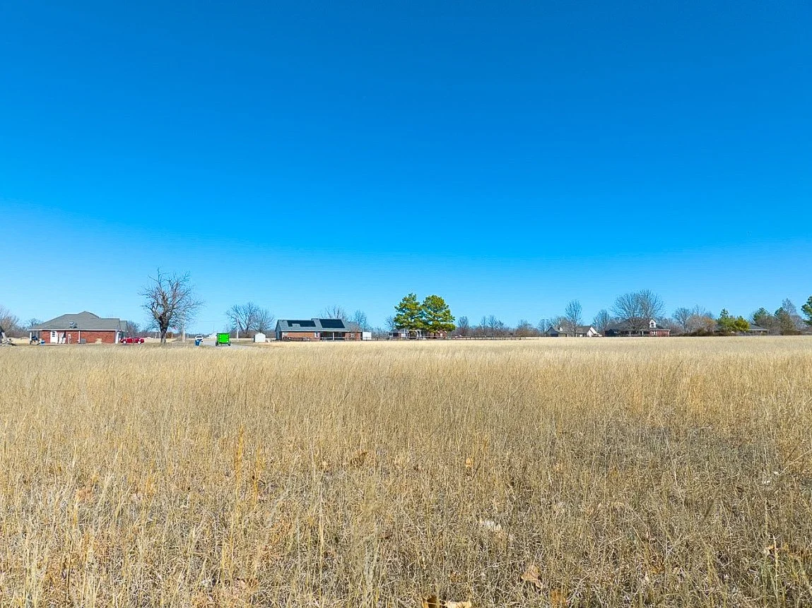 A wide open grassy field with a few distant houses and trees under a clear blue sky.