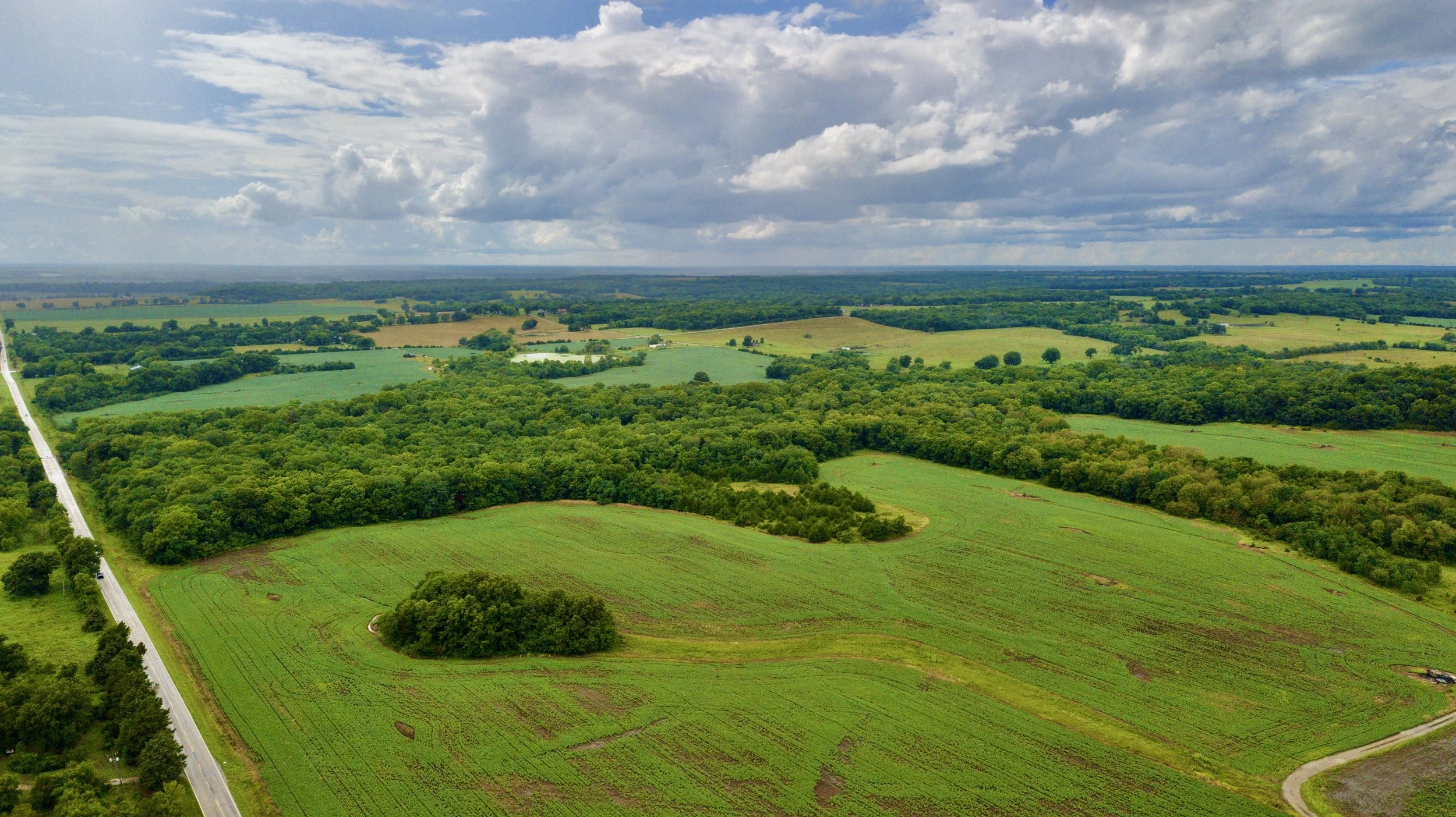 A vast rural landscape with green fields, trees, and a few small buildings under a partly cloudy sky.
