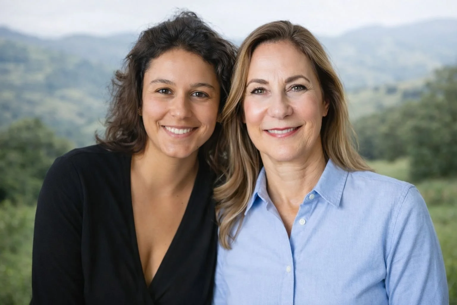 Two women smiling outdoors with a scenic landscape of hills and trees in the background.