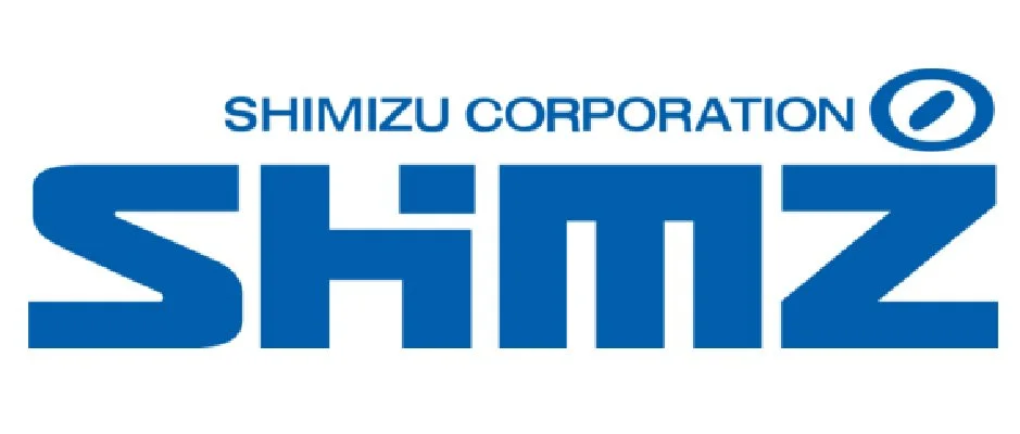 Shimizu Corporation logo with large blue text and a smaller blue text above, and a circular symbol to the right.
