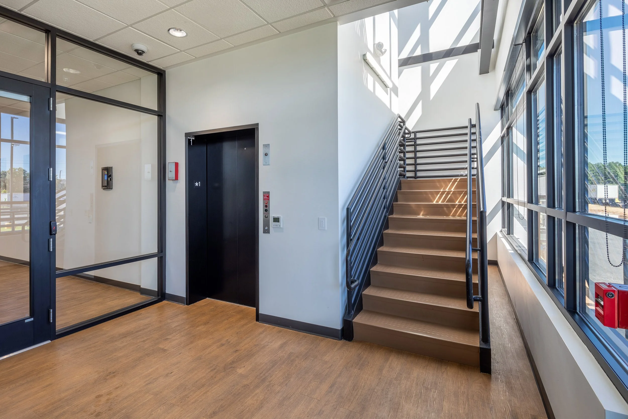  A staircase in an industrial building, excellent example of architectural photography.