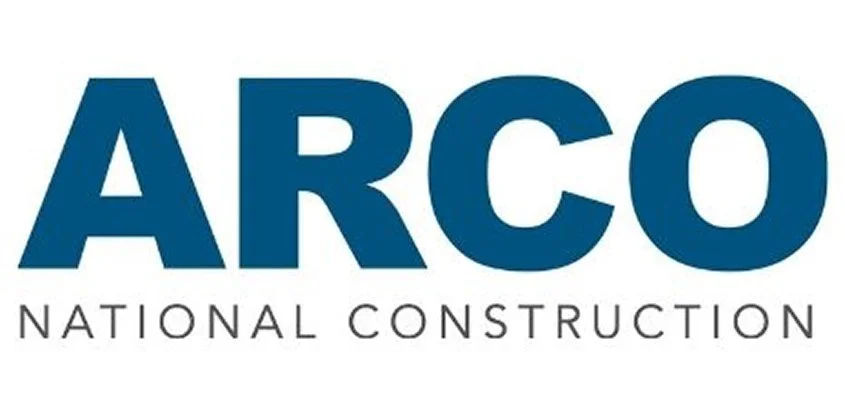ARCO National Construction logo with the company name and slogan in blue and black text.