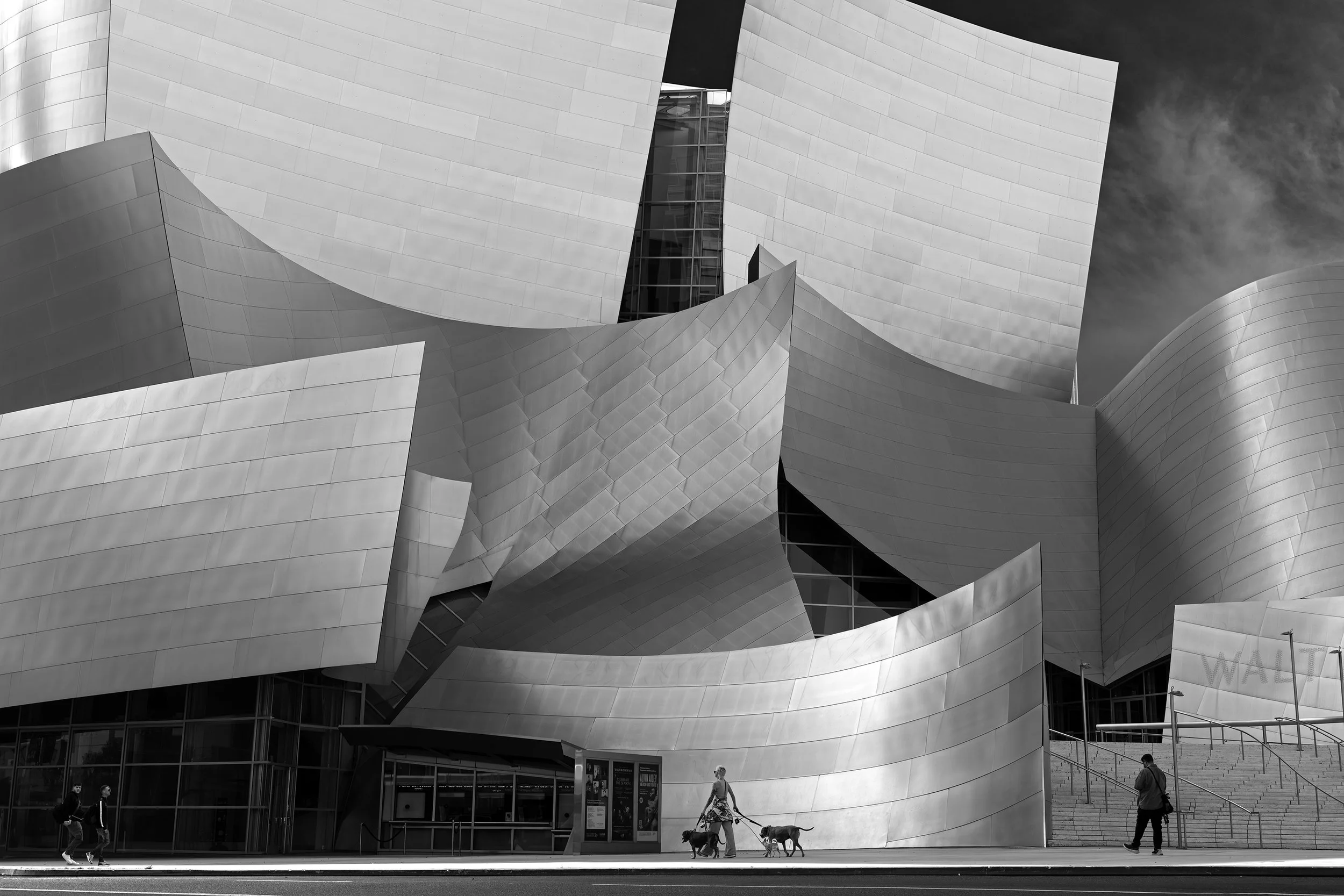 A person walks two dogs in front of a modern, metallic building with curving, angular walls.