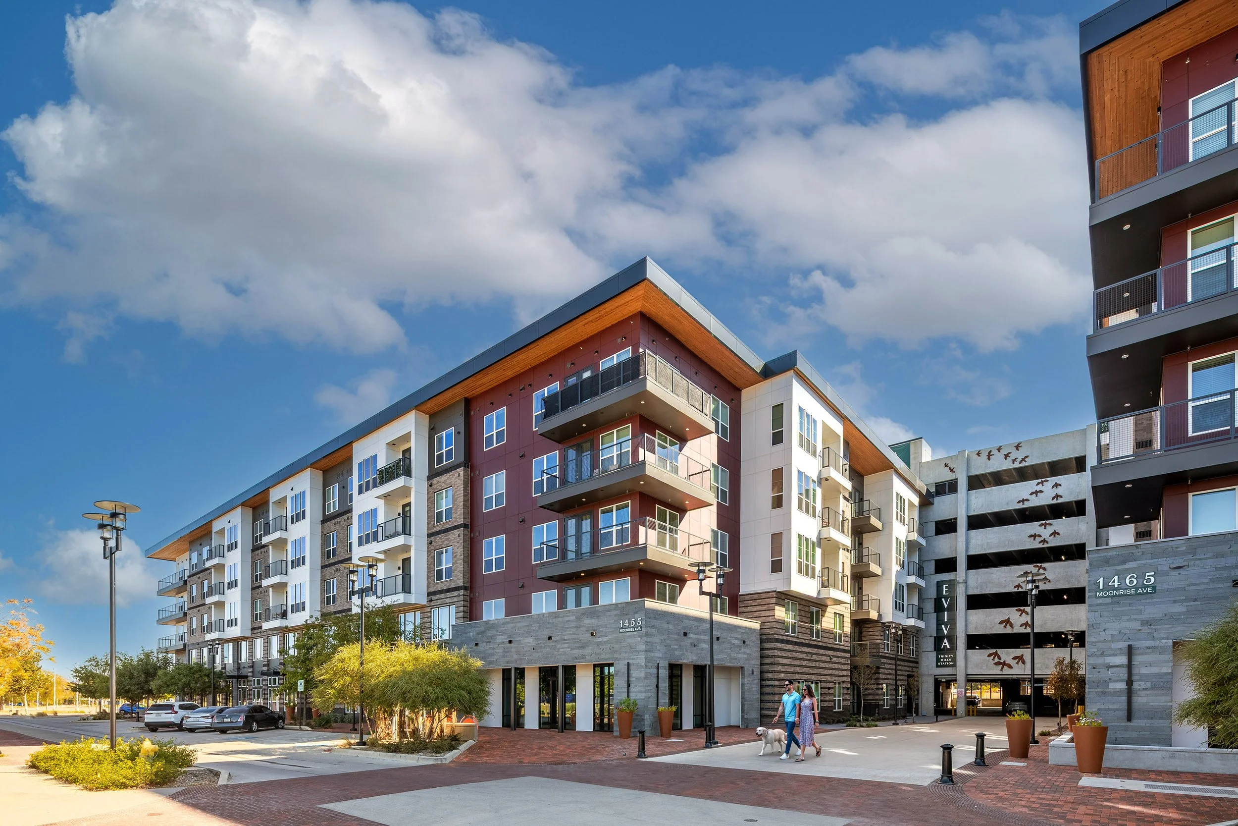 Modern multi-story apartment building with balconies under a blue sky with clouds; people are walking dogs on a wide sidewalk lined with trees and parked cars.