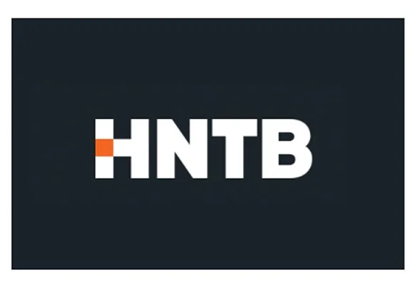 Logo with black background and white text that reads 'HNTB' with a small orange and gray bar above the 'H'