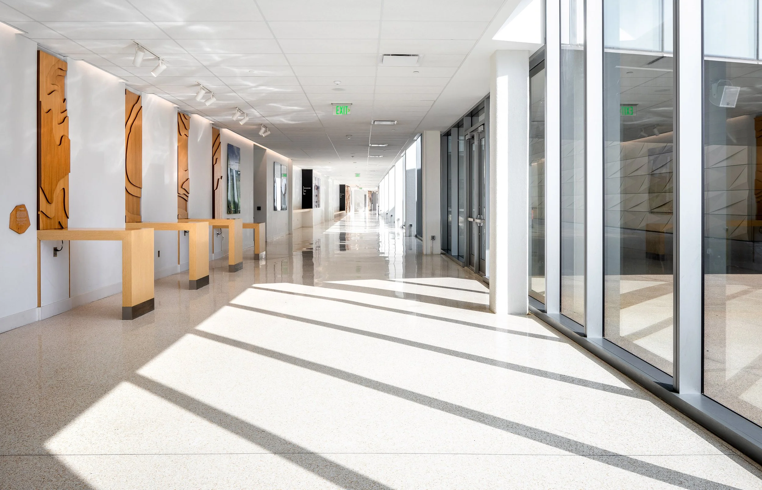 A long, bright corridor with large windows, white walls, art panels, and sunlight casting shadows across polished terrazzo floors.