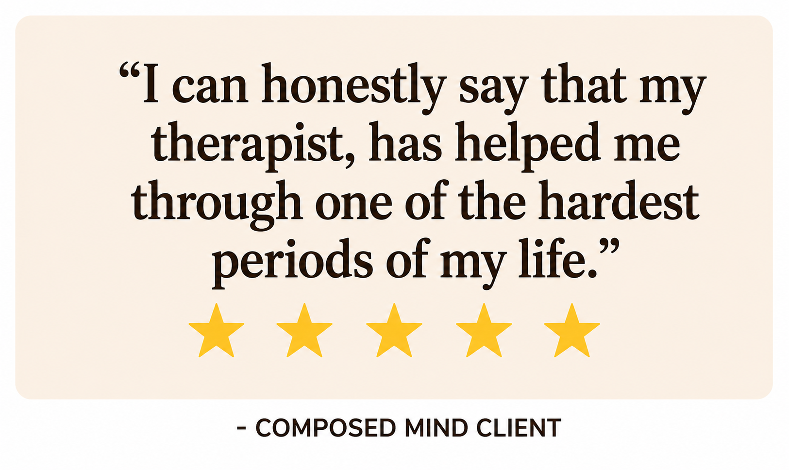 Five-star client testimonial for addiction recovery therapy at Composed Mind Therapy