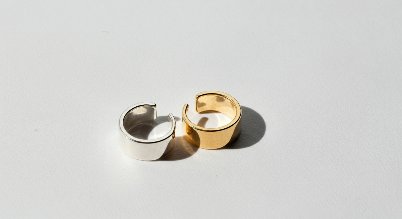 A pair of silver and gold chunky rings on a white surface.