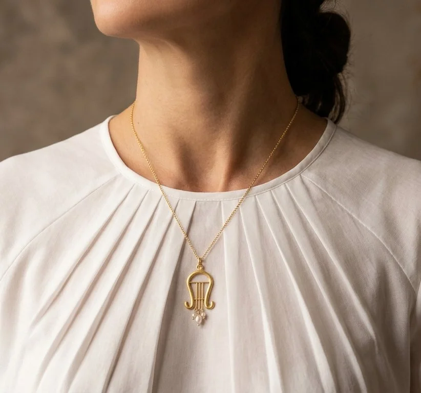 "Lyra" Necklace in Gold Plated Silver 925 with Pearls – Greek Inspired Lyre Pendant