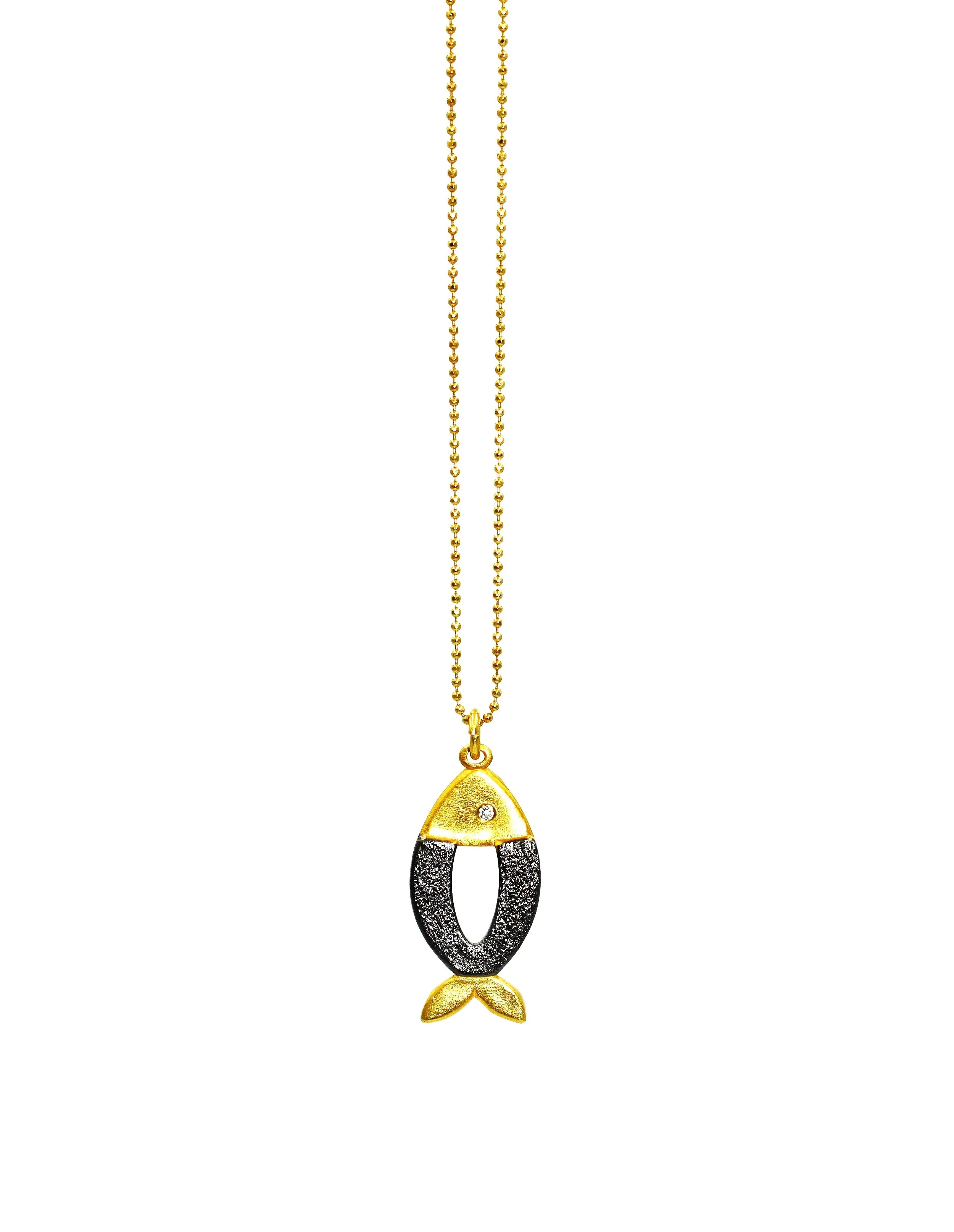 Gold & Black Fish Pendant Necklace with Zircon