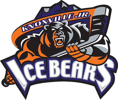 Logo of the Knoxville Jr. Ice Bears hockey team featuring a fierce bear holding a hockey stick, with mountains in the background and orange, black, and purple colors.