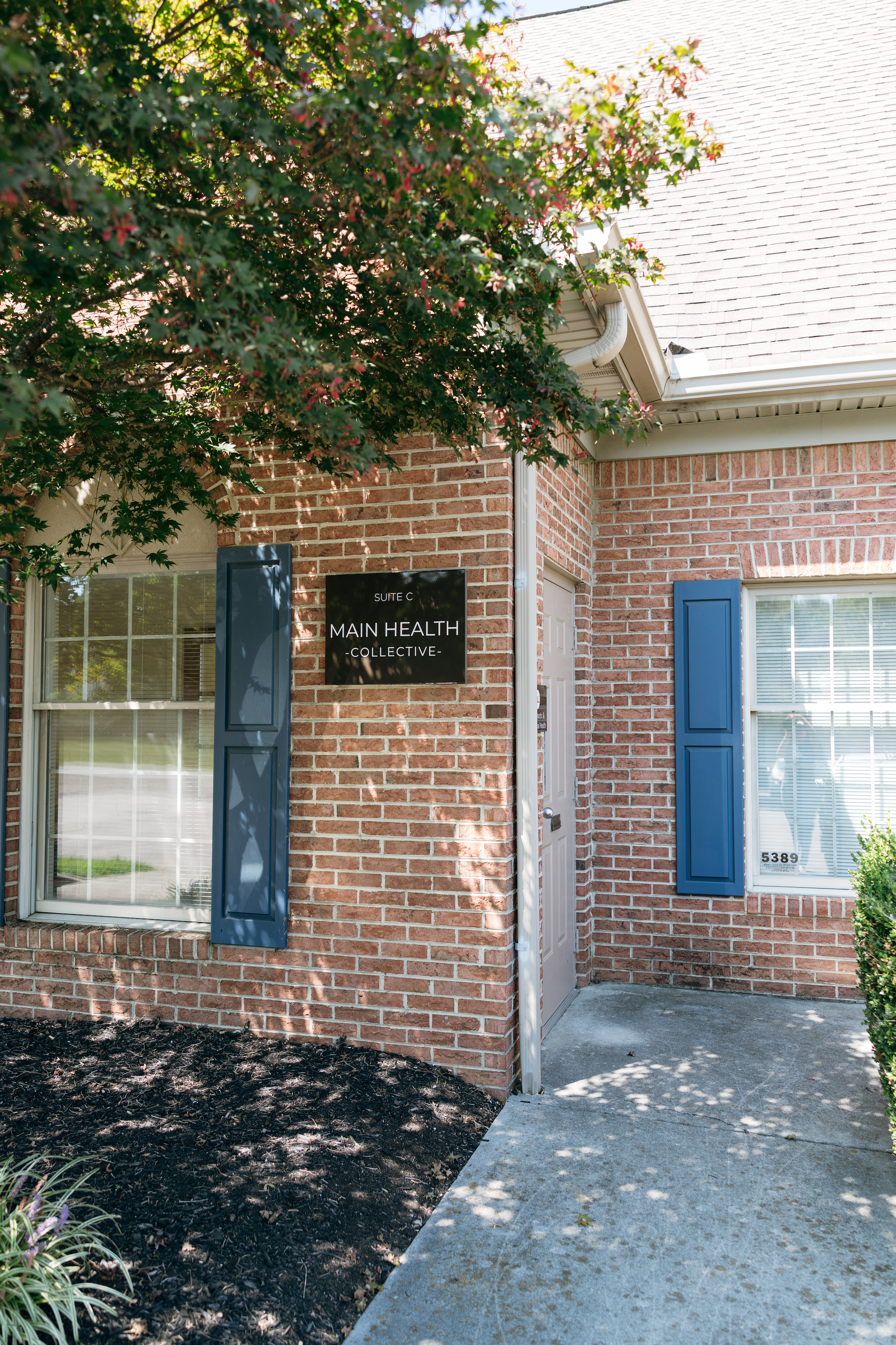 Brick building with a black sign that reads "Suite C Main Health - Collective" and blue shutters around the windows; a tree with green leaves partially obscures the building, and a concrete sidewalk runs along the front.