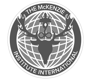 Logo of The McKenzie Institute International featuring a globe, a stylized animal head, and flames, with the organization's name encircling it.