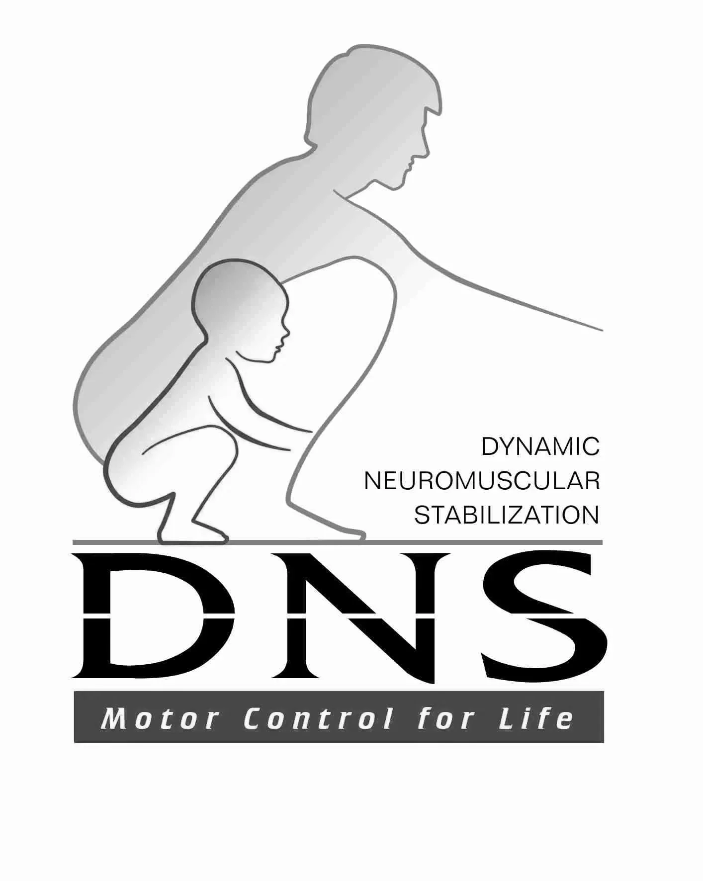 A logo featuring a silhouette of a person in a squatting position with a smaller silhouette of a child sitting inside the larger one, with text that reads 'DNS Dynamic Neuromuscular Stabilization - Motor Control for Life' in black and white.