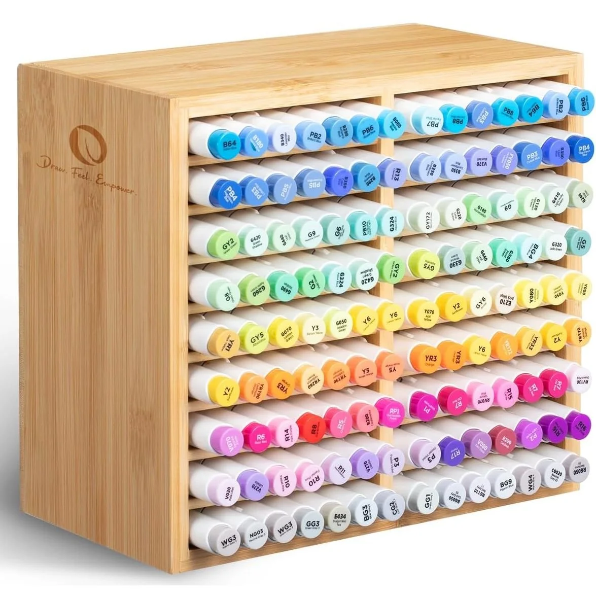 A wooden draw and feed organizer holding rows of colorful paint markers.