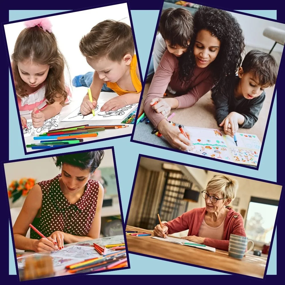 Collage of four images showing people drawing and coloring at home. Top left: Two children, a girl and a boy, coloring on a paper with markers. Top right: A woman with two children, helping them color on a large sheet of paper. Bottom left: A woman with short dark hair, coloring with colored pencils at a table. Bottom right: An older woman with glasses, drawing with colored pencils at a table with a coffee mug nearby.